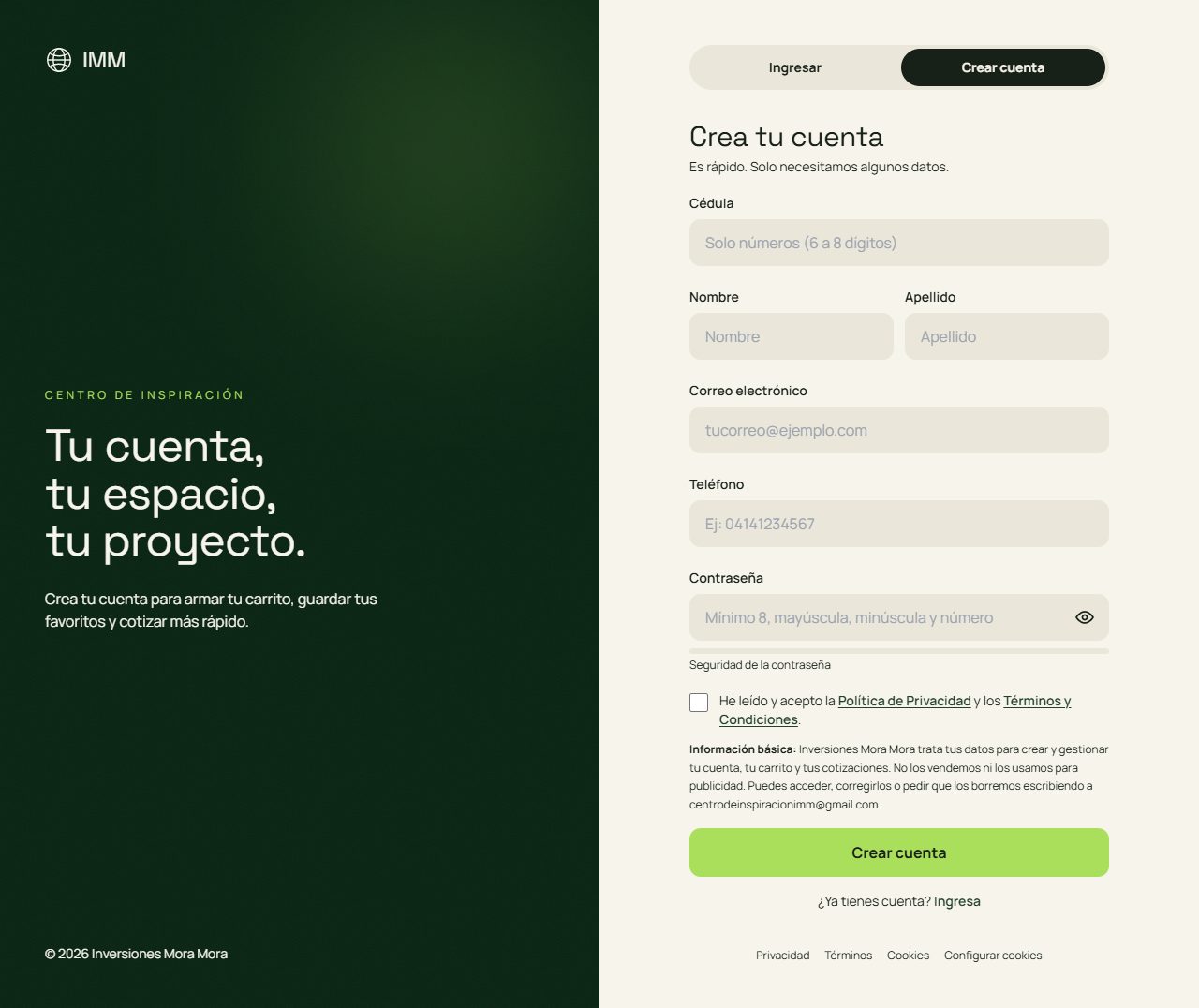 Formulario Crear cuenta con cédula, nombre, apellido, correo, teléfono, contraseña y la casilla de privacidad