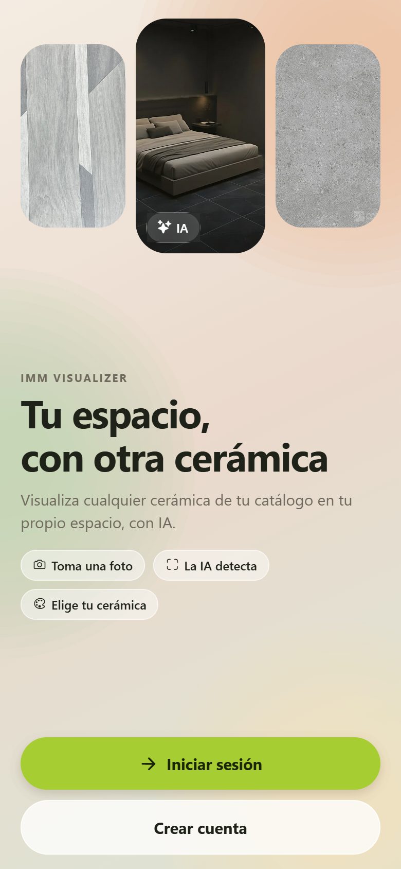 Pantalla de bienvenida de la app con fotos de ambientes y botones Iniciar sesión y Crear cuenta