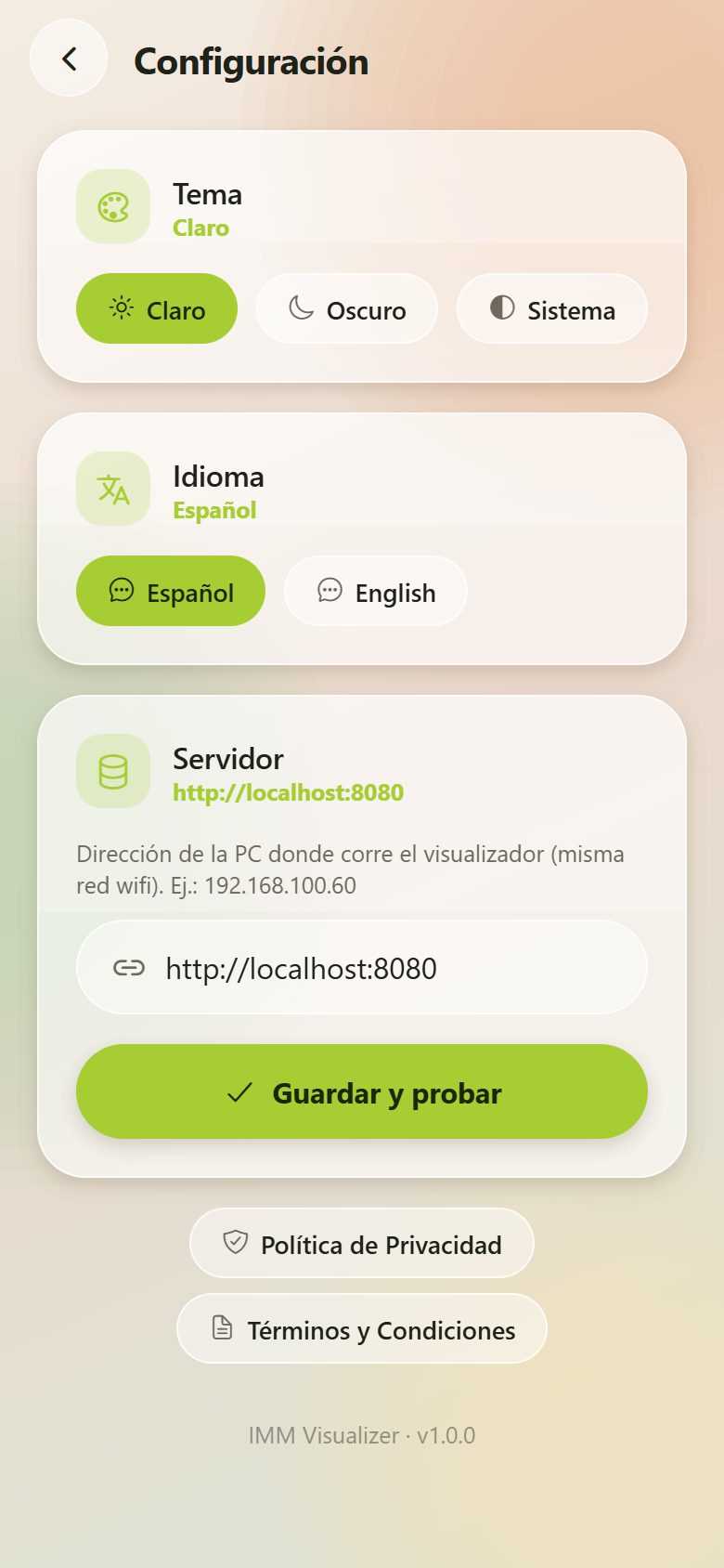 Pantalla Configuración con tema, idioma, servidor y enlaces legales