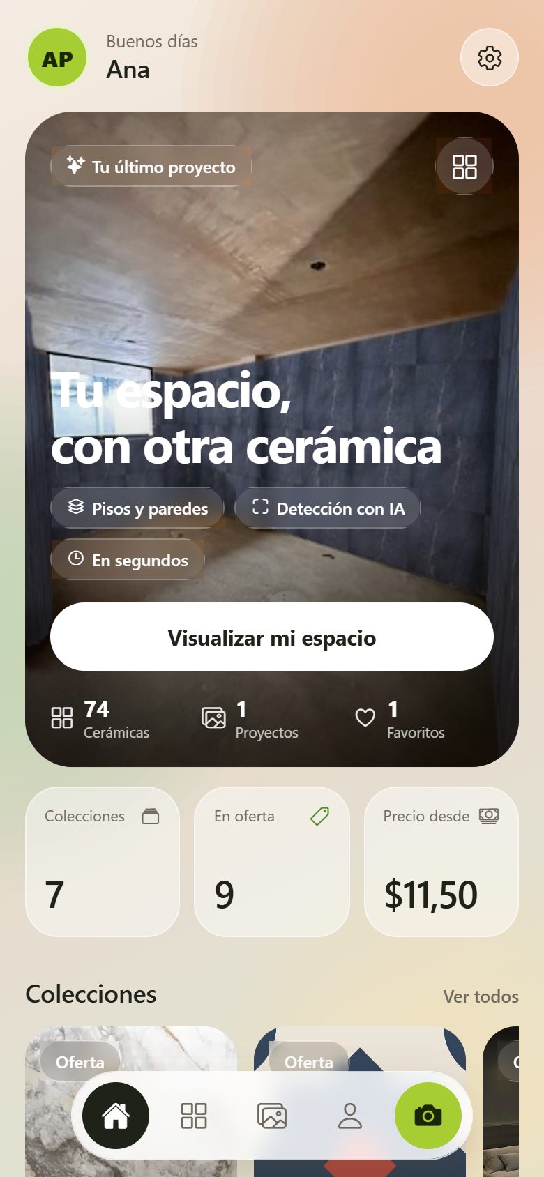 Pantalla de inicio de la app con saludo, tarjeta del último proyecto, contadores y la barra inferior