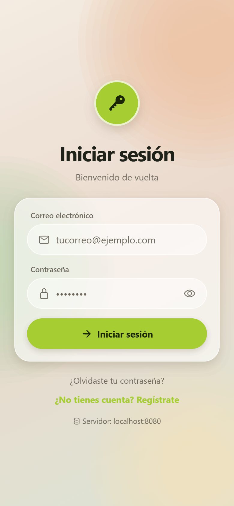 Pantalla Iniciar sesión de la app con correo y contraseña