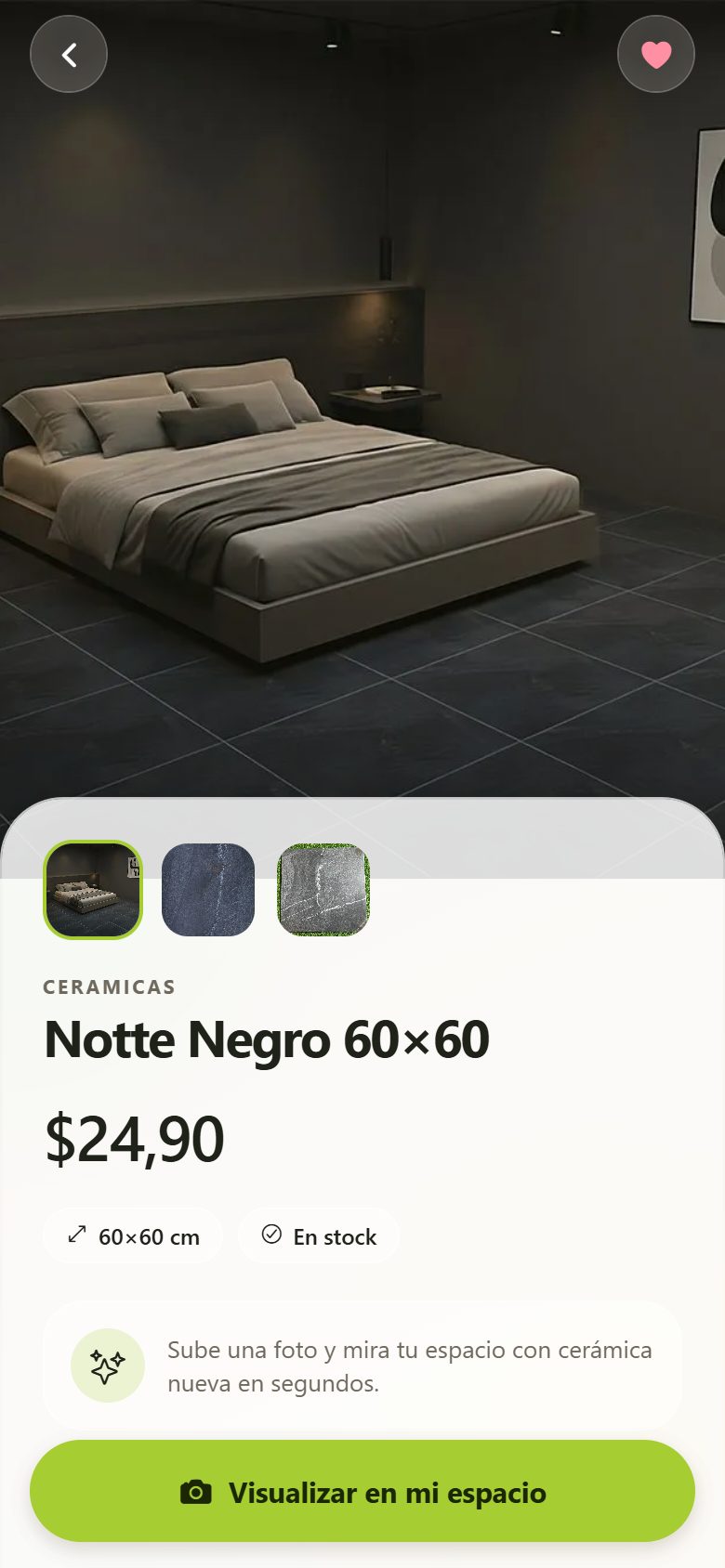 Ficha de producto en la app con foto, precio, formato y el botón Visualizar en mi espacio