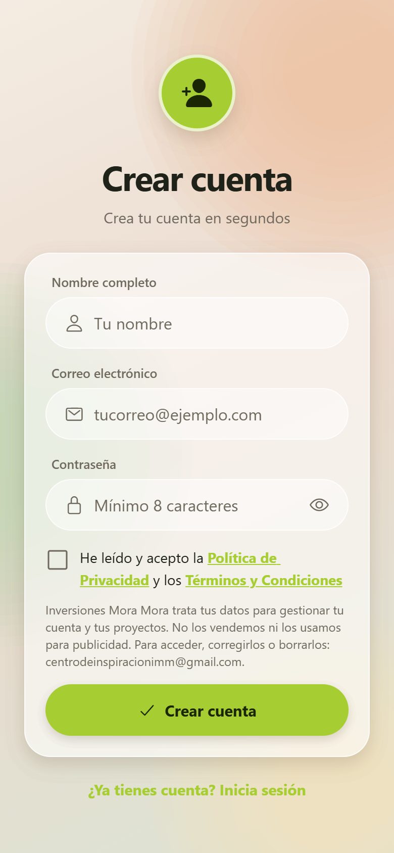 Formulario Crear cuenta de la app con nombre, correo, contraseña y la casilla de privacidad