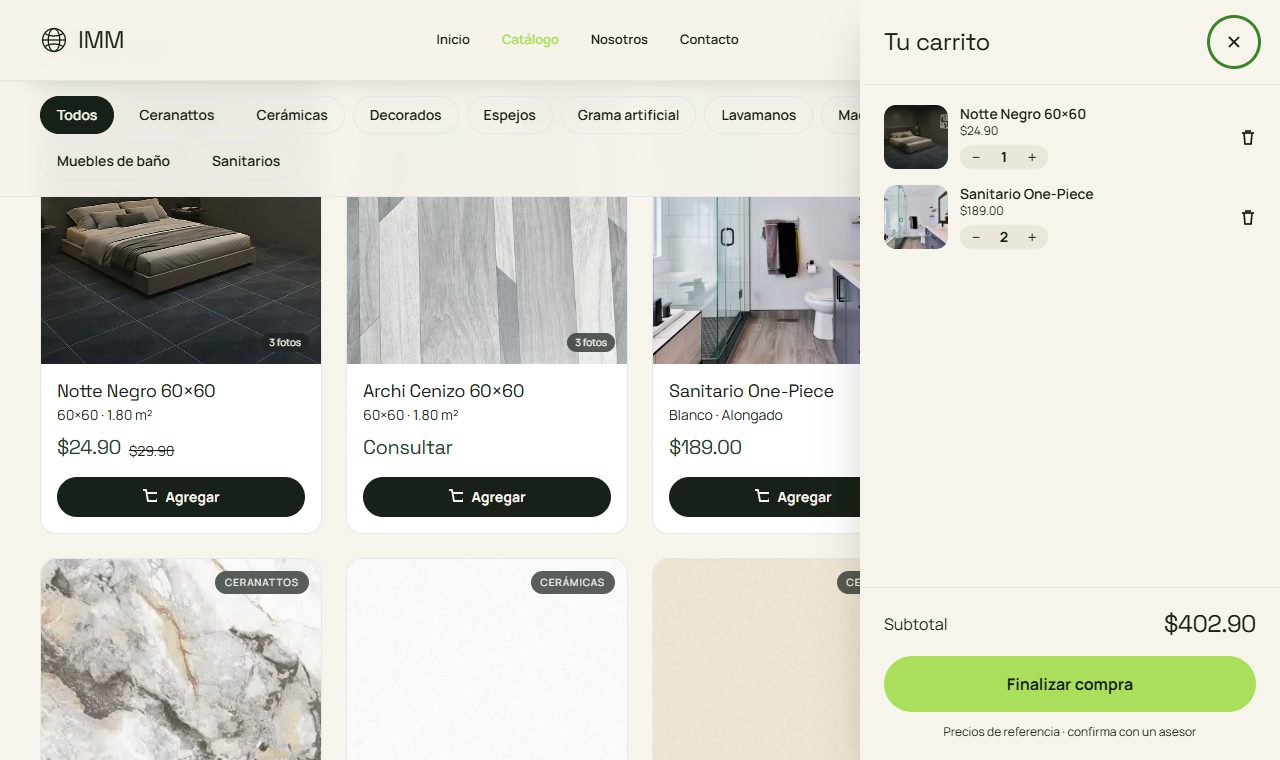 Carrito abierto con dos productos, cantidades, subtotal y botón Finalizar compra