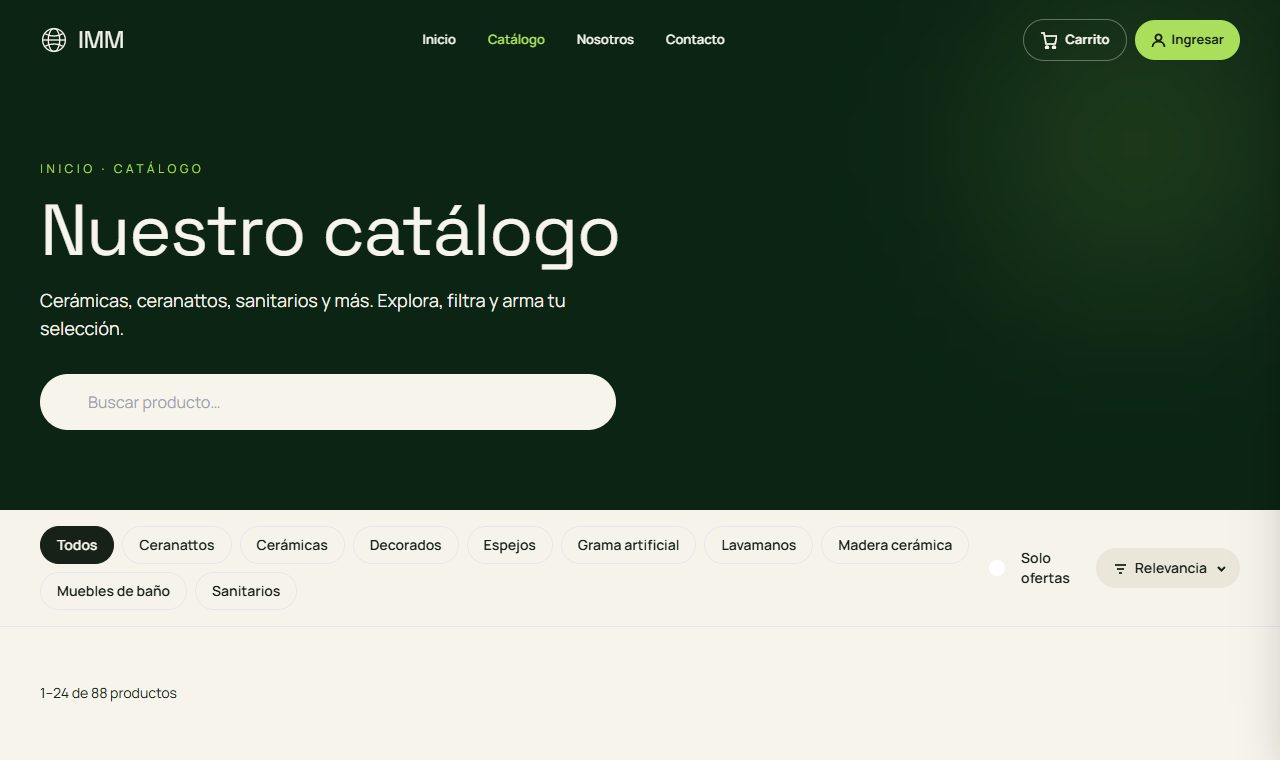 Página del catálogo con filtros por categoría y tarjetas de producto