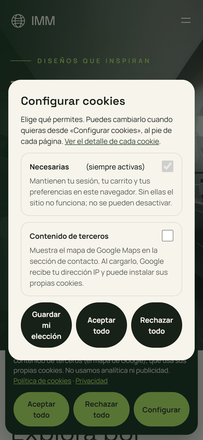 Ventana Configurar cookies con las categorías Necesarias y Contenido de terceros