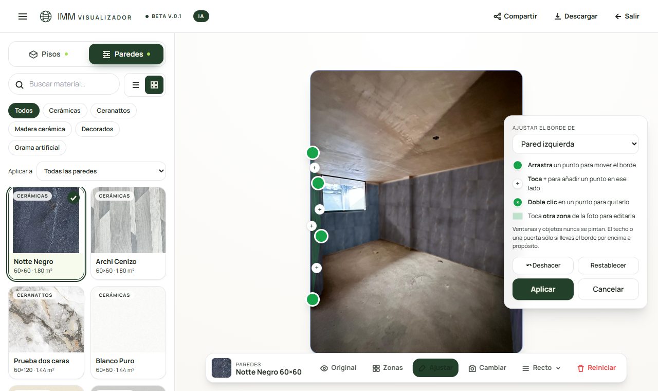 Editor de bordes con puntos verdes sobre la pared izquierda y la tarjeta con Deshacer, Restablecer, Aplicar y Cancelar