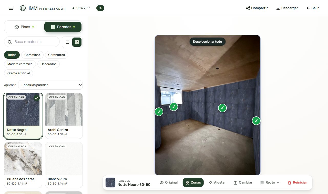 Resultado con círculos verdes con una marca de verificación sobre cada pared y el botón Deseleccionar todo